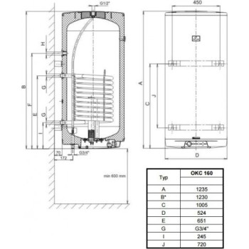Kombinētais ūdens sildītājs (Boilers) Dražice OKC-160L vertikāls