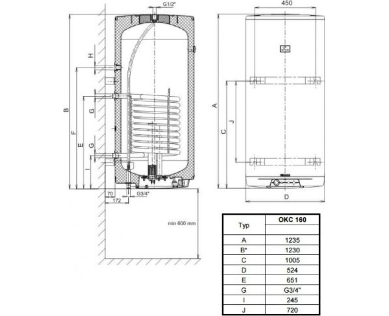 Kombinētais ūdens sildītājs (Boilers) Dražice OKC-160L vertikāls