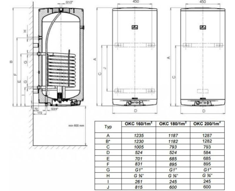 Kombinētais ūdens sildītājs (Boilers) Dražice OKC-160L ar siltummaiņa platību 1m2. vertikāls