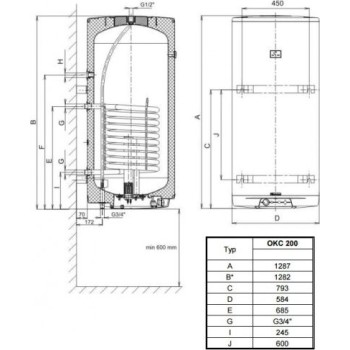 Kombinētais ūdens sildītājs (Boilers) Dražice OKC-200L vertikāls