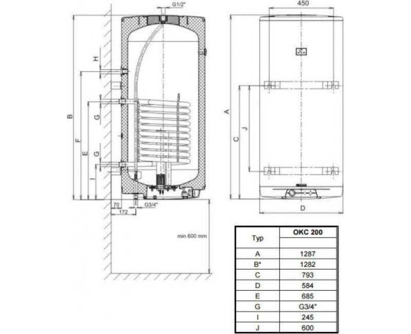 Kombinētais ūdens sildītājs (Boilers) Dražice OKC-200L vertikāls