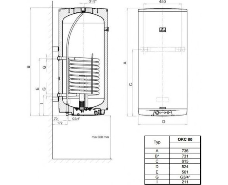 Kombinētais ūdens sildītājs (Boilers) Dražice OKC-80L 2kW 7kW vertikāls
