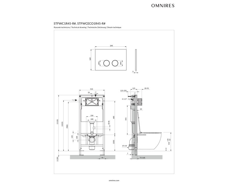 Montāžas rāmis OMNIRES STRONGFRAME ECO FLUSH SET piekaramajam tualetes podam ar ECO skalošanu, ar skalošanas vadības plāksni STEEL-R45, matēta antracīta