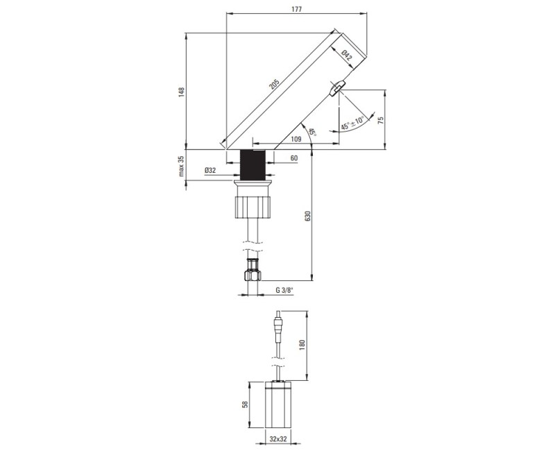 Смеситель для мойки Deante SENSE SENSOR NERO без регулировки температуры, блок питания 4xAA, черный BQR_N28R