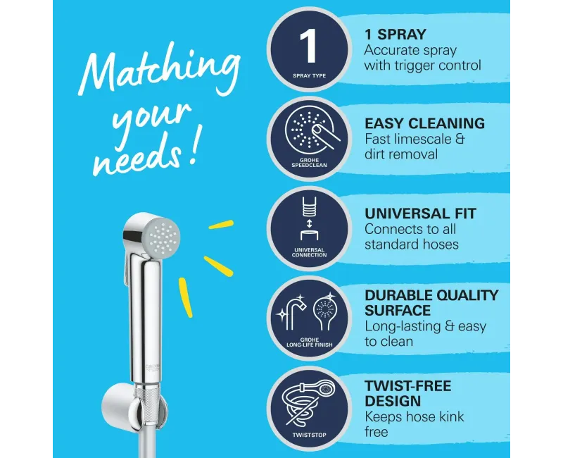 Bidetta klausule Grohe Vitalio Trigger Spray, ar turētāju un šļūteni, hroms, 26175001 NEW
