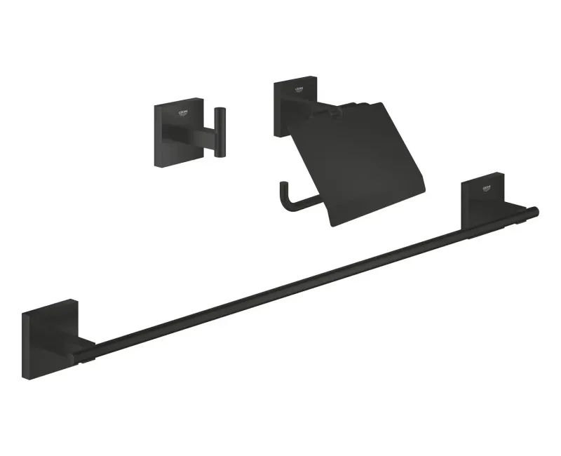 Комплект аксессуаров для ванной комнаты Grohe QuickFix Start Cube, 3 предмета, матовый черный, 411242430