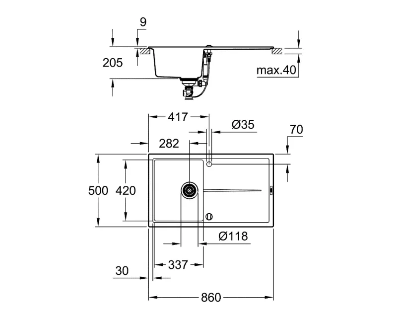 Раковина Grohe K400, с автоматическим сливом, гранит черный, 31640AP0