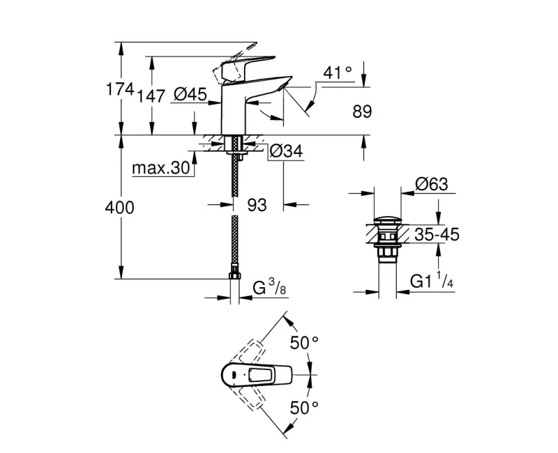 Смеситель для раковины Grohe BauLoop, с Push-Open сливом, хром, 23883001