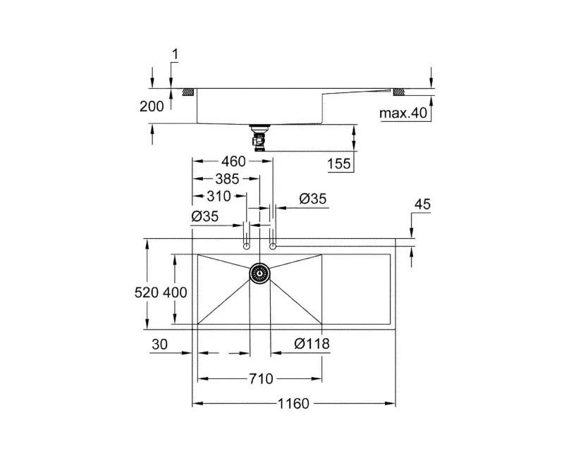 Virtuvinė kriauklė Grohe K1000, su vožtuvu, matinė nerūdijančio plieno, 52 cm, 31581SD1 NEW