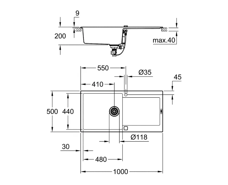Кухонная мойка Grohe K500, с клапаном 100x50 см, гранит черный, 31645AP0