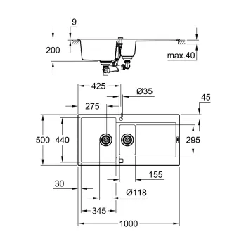 Кухонная мойка Grohe K500, с клапаном 100x50 см, гранит черный, 31646AP0