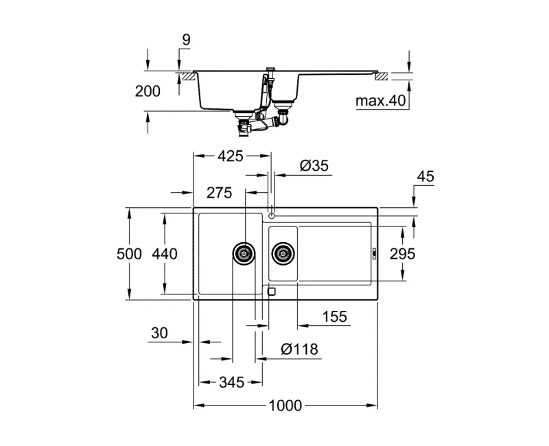Кухонная мойка Grohe K500, с клапаном 100x50 см, гранит черный, 31646AP0