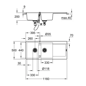 Кухонная мойка Grohe K500, с клапаном 116x50 см, гранит черный, 31647AP0