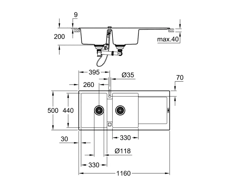 Virtuves izlietne Grohe K500, ar vārstu 116x50 cm, granīta melna, 31647AP0 NEW