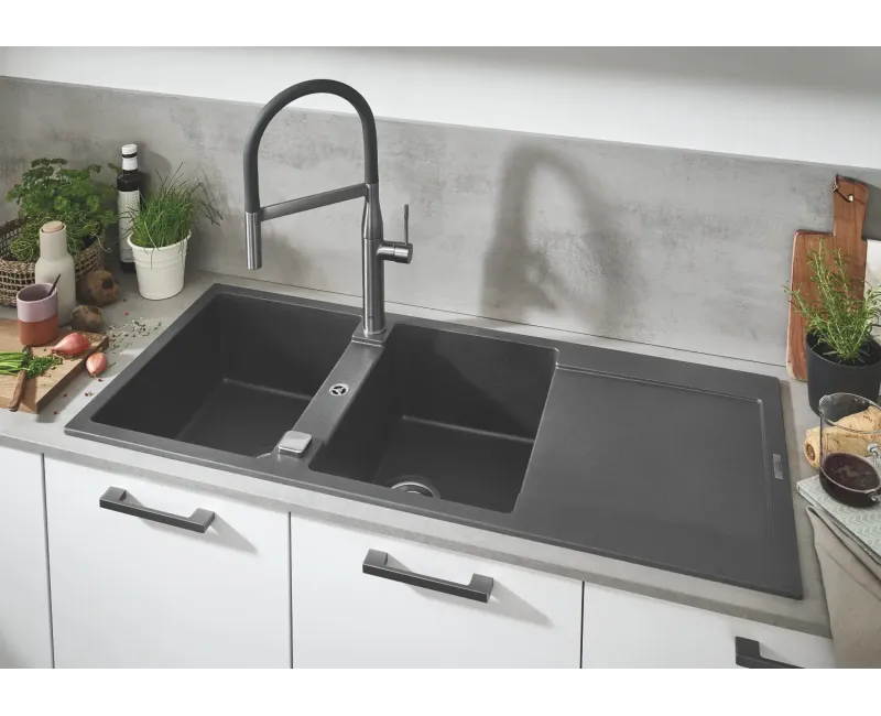 Virtuves izlietne Grohe K500, ar vārstu 116x50 cm, granīta melna, 31647AP0 NEW