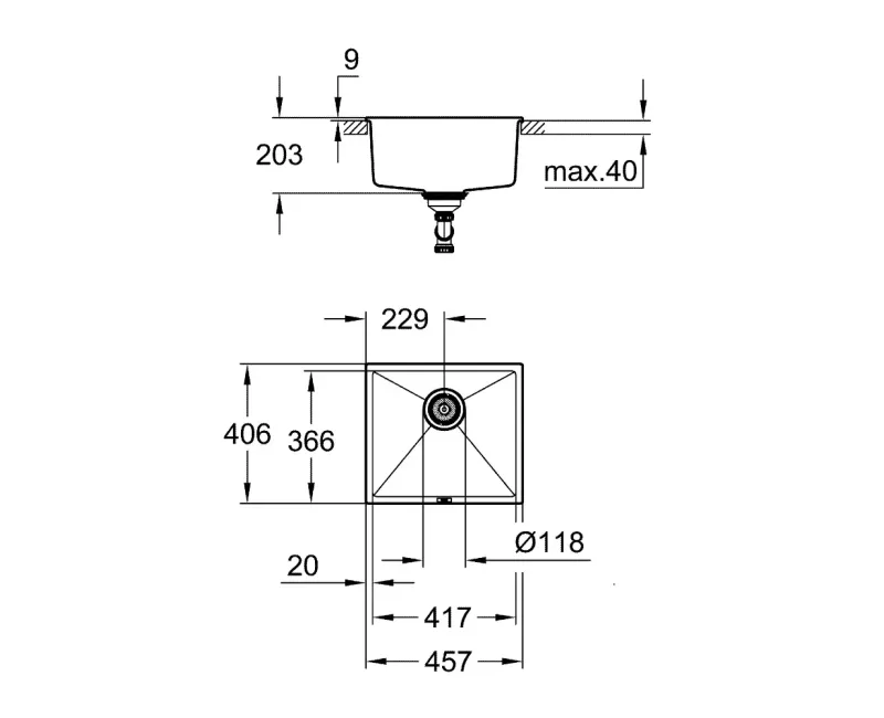 Virtuvės kriauklė Grohe K700, su išleidimu 46x41 cm, granito juoda, 31653AP0 NEW