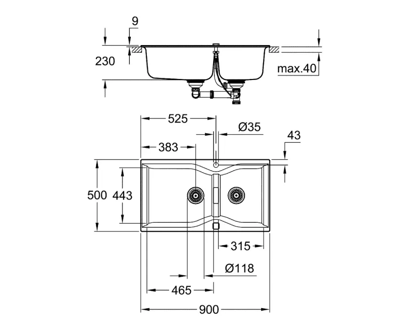 Кухонная мойка Grohe K700, с отводом, 90x50 см, гранит черный, 31658AP0
