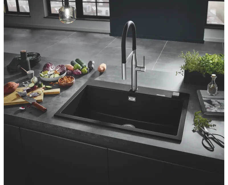 Virtuves izlietne Grohe K700, ar vārstu, granīta melnā, 78x51 cm, 31652AP0 NEW