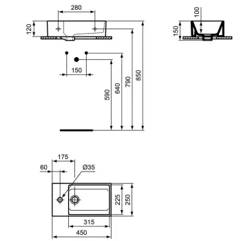 Умывальник Ideal Standard Extra, 45x25 см, с переливом, белый, T373301