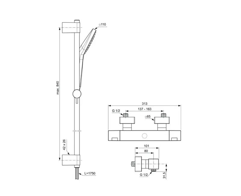 Набор для душа Ideal Standard Ceratherm C100, с термостатом, 3 режима, хром, A7536AA