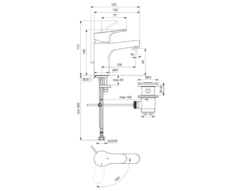 Ideal Standard BC832AA vonios kriauklės maišytuvas su vožtuvu, chromas