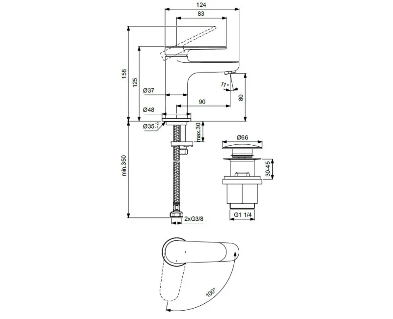 Vannas istabas izlietnes maisītājs Ideal Standard Cerafine Nuovo, ar ClickClack vārstu, 125 mm, hroms, BD964AA