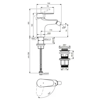 Bidē maisītājs Ideal Standard ALU+, ar Click-Clack vārstu, 140 mm, matēna melna, BE132XG