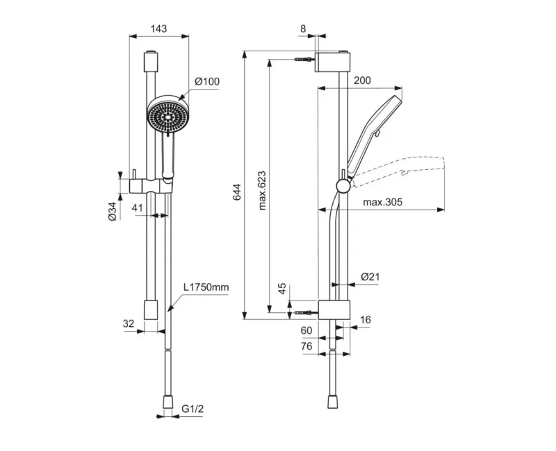 Набор для душа Ideal Standard Idealrain, 2 режима, хром, BE235AA