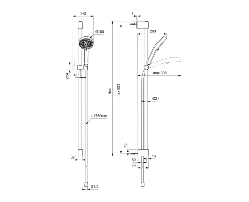 Dušas komplekts Ideal Standard Idealrain, 2 režīmi, hroms, BE236AA