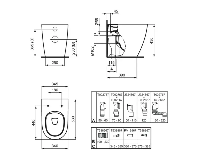 Piekaramais pods Ideal Standard i.Life O, ar universālo izplūdi, uz grīdas, bez vāka, balts, T568901