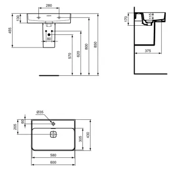 Умывальник Ideal Standard Strada II, 60x43 см, с переливом, с отверстием для смесителя, белый, T300001