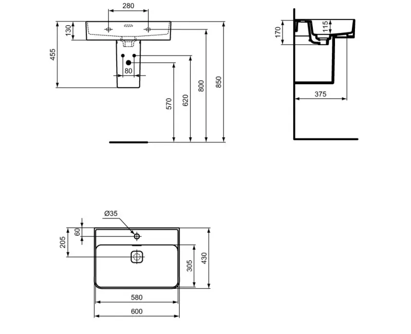 Умывальник Ideal Standard Strada II, 60x43 см, с переливом, с отверстием для смесителя, белый, T300001
