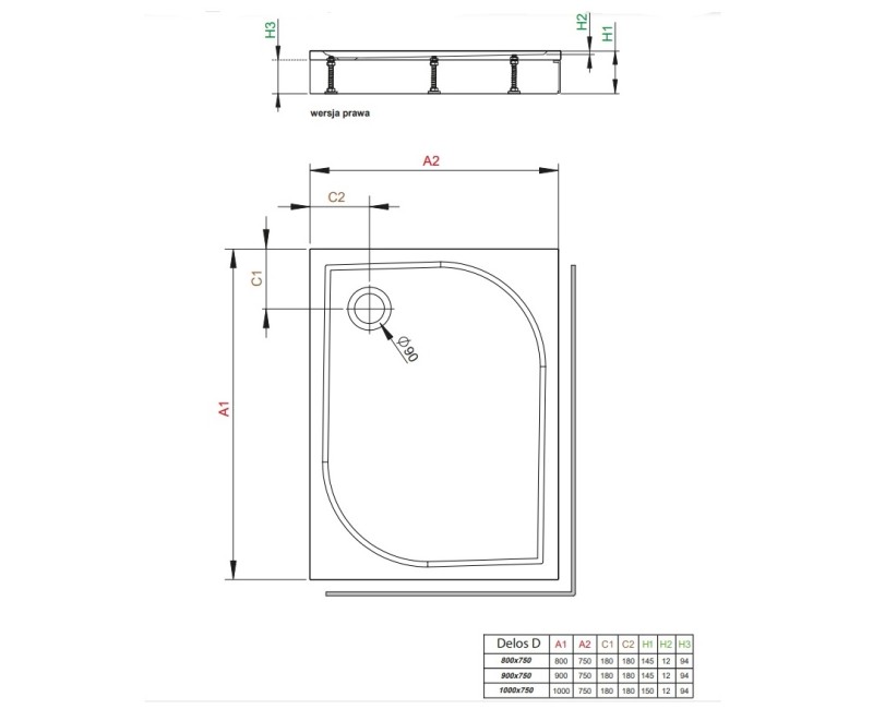 Radaway Taisnstūra dušas paliktnis DELOS D 80x75 R, balts