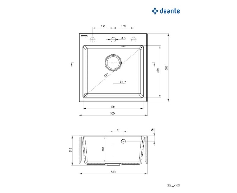 Virtuves izlietne Deante EVORA 500x500X216mm Metāliski pelēks