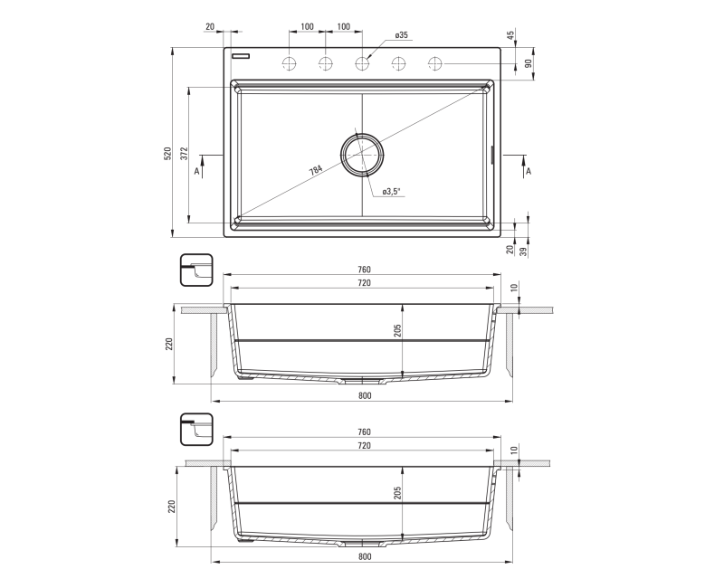Virtuves izlietne Deante MAGNETIC Granīta 760x520x220mm, NERO Melna