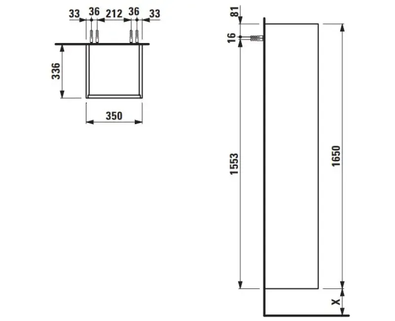 Высокий шкаф Laufen BASE, 2 двери, с правой петлей, 1 открытая полка, 2 стеклянные полки, H4027021102661