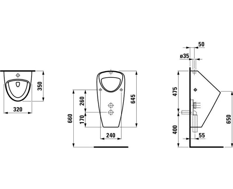 Pisuārs Laufen Caprino, ar ārējo vertikālo ūdens ieplūdi, H8420620000001 Balts