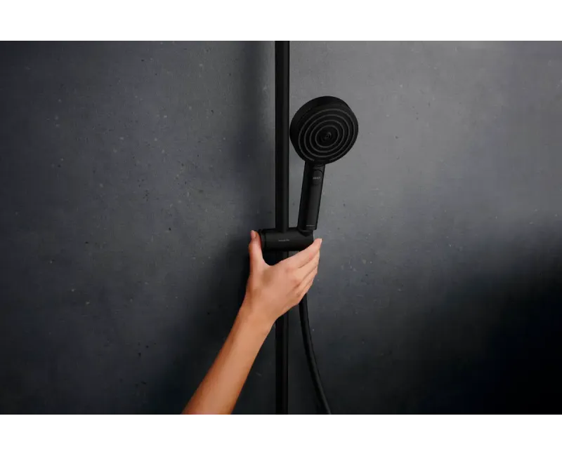 Dušas sistēma Hansgrohe Pulsify S Puro, ar termostatu, diametrs 26 cm, 3 režīmi, EcoSmart, matēta melna, 24237670 NEW