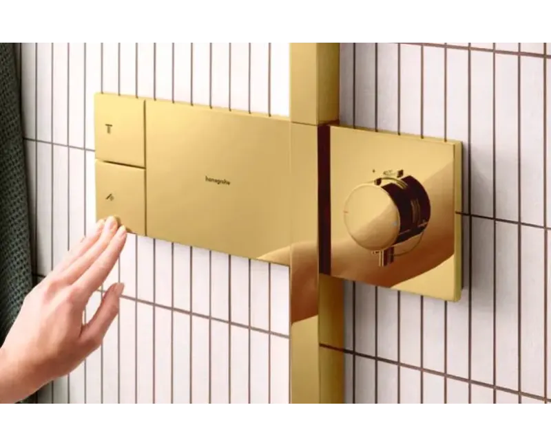Душевая система Hansgrohe Raindance Alive Q, с термостатом, 21x34 см, 3 режима, полированный золото, 24580990