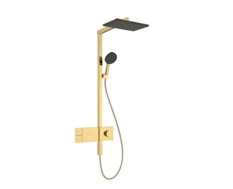 Душевая система Hansgrohe Raindance Alive Q, с термостатом, 21x34 см, 3 режима, полированный золото, 24581990