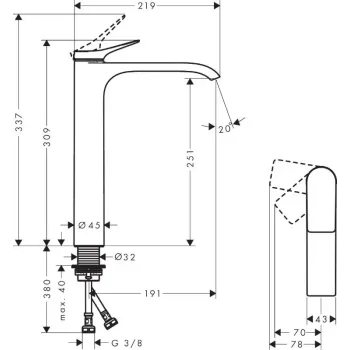 Vannas istabas izlietnes maisītājs Hansgrohe Vivenis, Paaugstināts EcoSmart, CoolStart, matēta melna hroms, 75045340 NEW