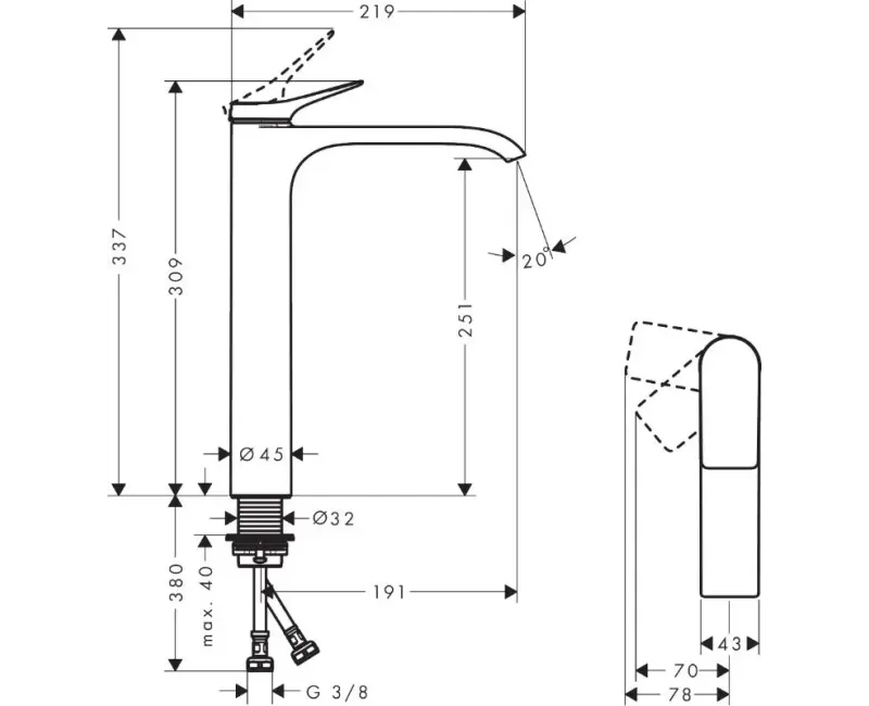 Vannas istabas izlietnes maisītājs Hansgrohe Vivenis, Paaugstināts EcoSmart, CoolStart, matēta melna hroms, 75045340 NEW