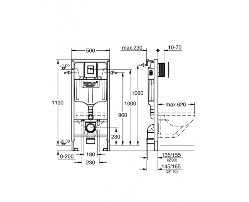 Tualeto indo komplektas Grohe, mygtukas Even (phantom black), tvirtinimai, 500x230 mm, h=1130 mm