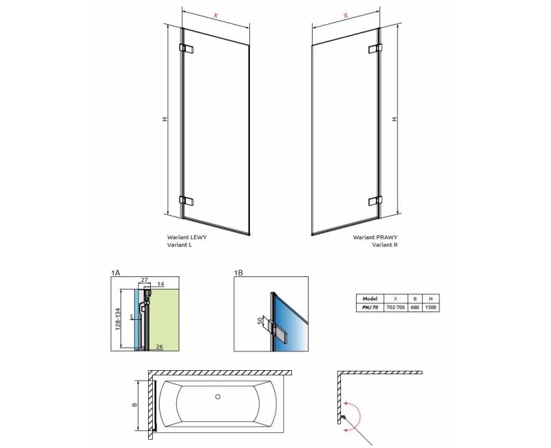 Radaway Шторка на ванну Arta PNJ 70 cm