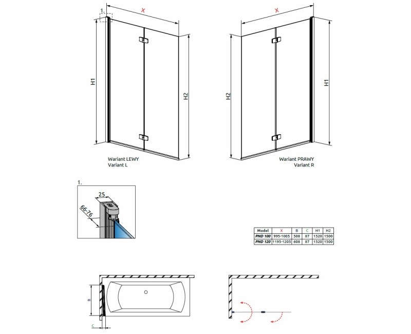 Radaway vannas sieniņa Funta New PND 120 cm