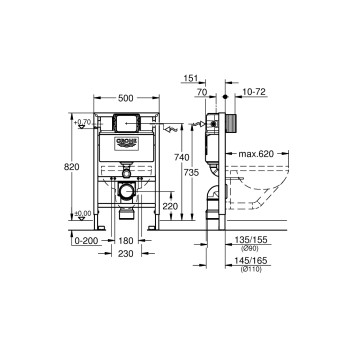 Tualetes poda komplekts Grohe rāmis Rapid SL, 500x151 mm, h=820 mm, taustiņam 197x156 mm