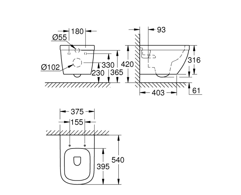 Grohe Euro Ceramic Rimless Piekaramais WC bez vāka, 39538000