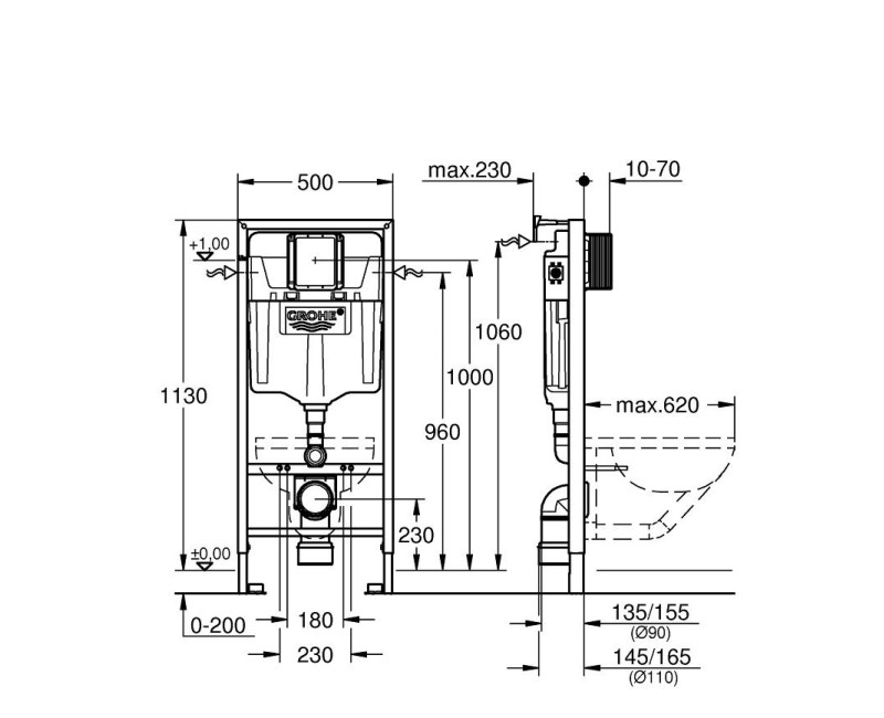 Комплект монтажной рамы для горшка Grohe Rapid SL с крепежом, 500х230 мм, h=1130 мм, под ключ 156х197 мм