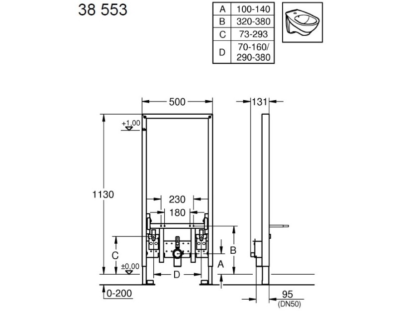 Montavimo rėmas Grohe bidė Rapid SL, 500x131 mm, h=1185 mm