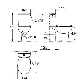 Tualetes pods Grohe BauCeramic Rimless, ar QR/SC vāku 356x600 mm, horizontāls izvads, balts